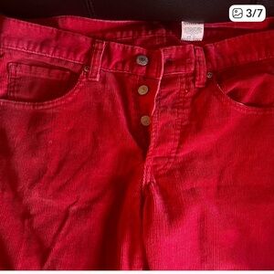 LEVI’S rare PINK/ red button fly jeans.Soft corduroy frayed bottom